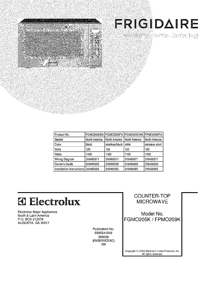 COVER Diagram and Parts List for FPMO209KFA  Frigidaire Microwave