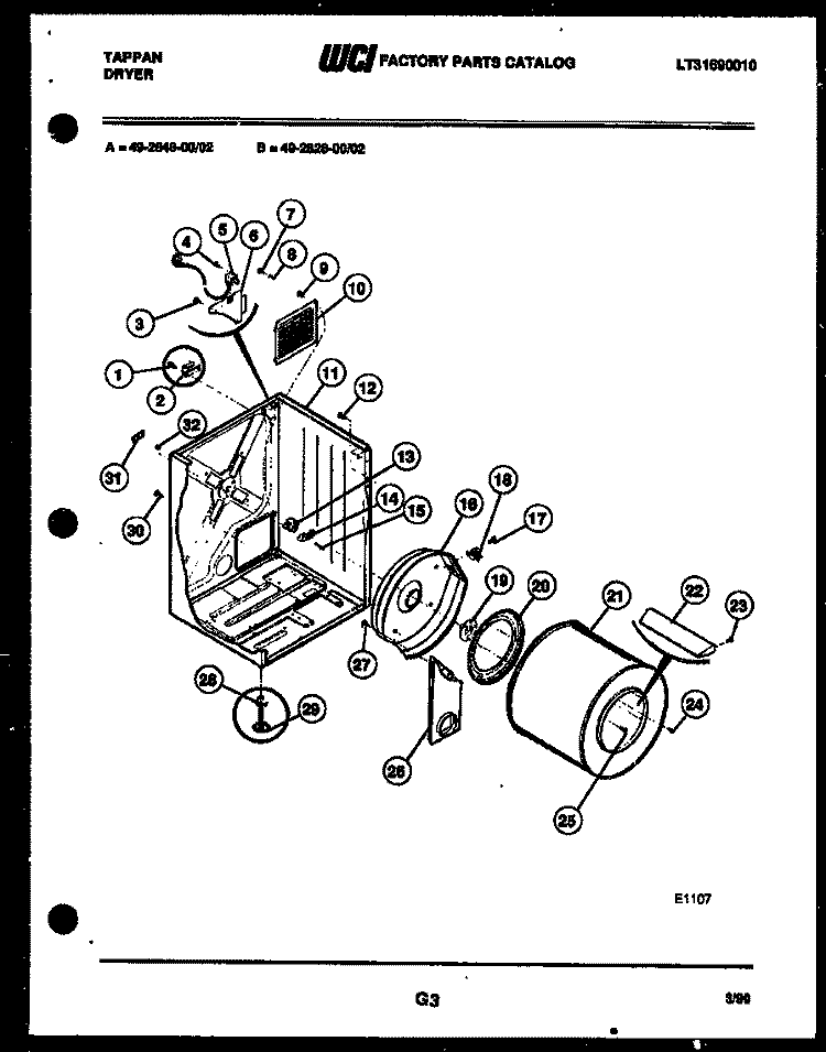 CABINET AND COMPONENT PARTS Diagram and Parts List for 49-2828-23-02  Tappan Dryer