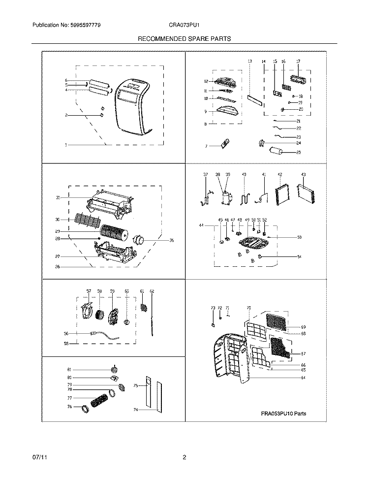RECOMMENDED SPARE PARTS Diagram and Parts List for CRA073PU11  Frigidaire Air Conditioner