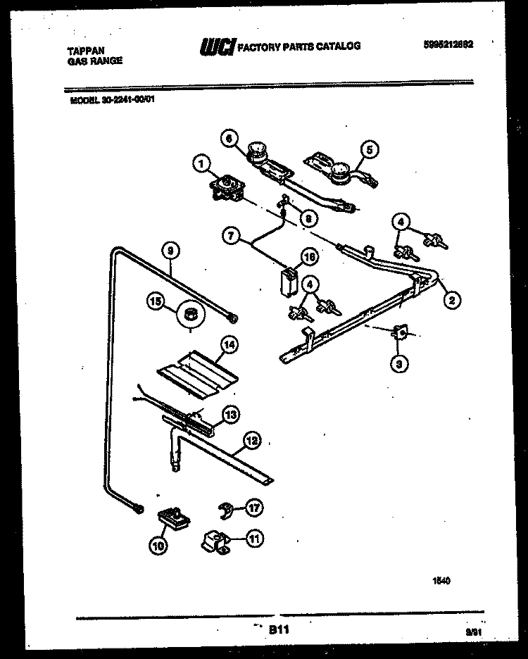 BURNER, MANIFOLD AND GAS CONTROL Diagram and Parts List for 30-2241-23-01  Tappan Range