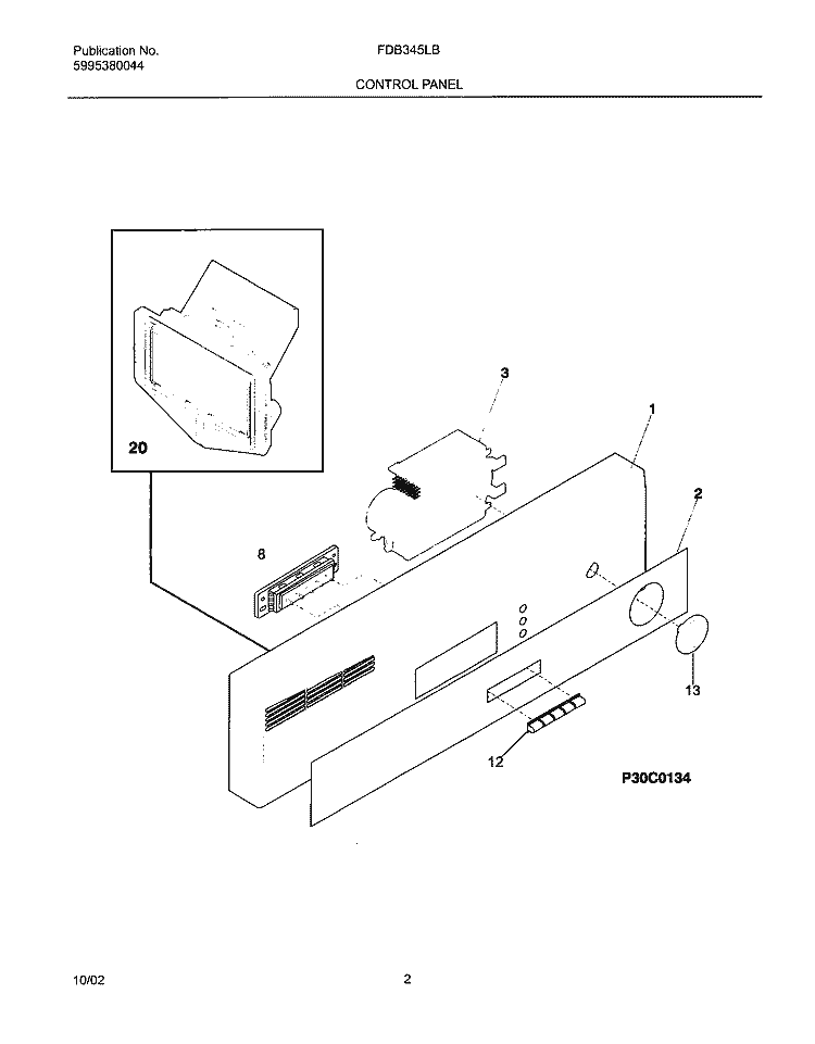 CONTROL PANEL Diagram and Parts List for FDB345LBS1  Frigidaire Dishwasher