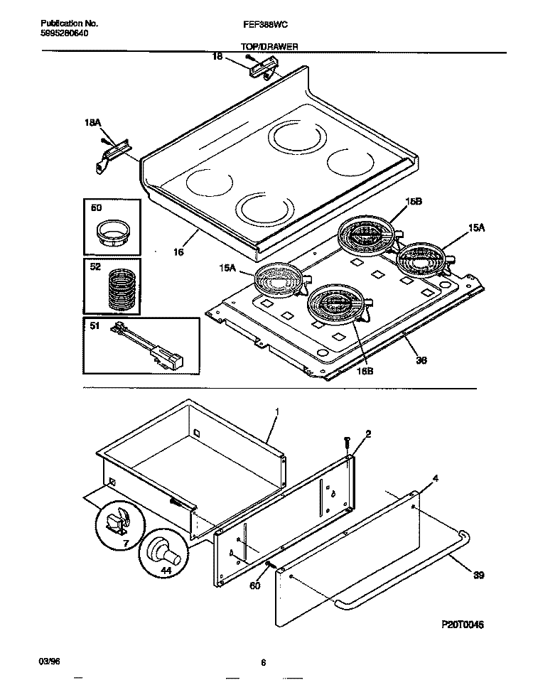 TOP / DRAWER Diagram and Parts List for FEF388WCCD  Frigidaire Range