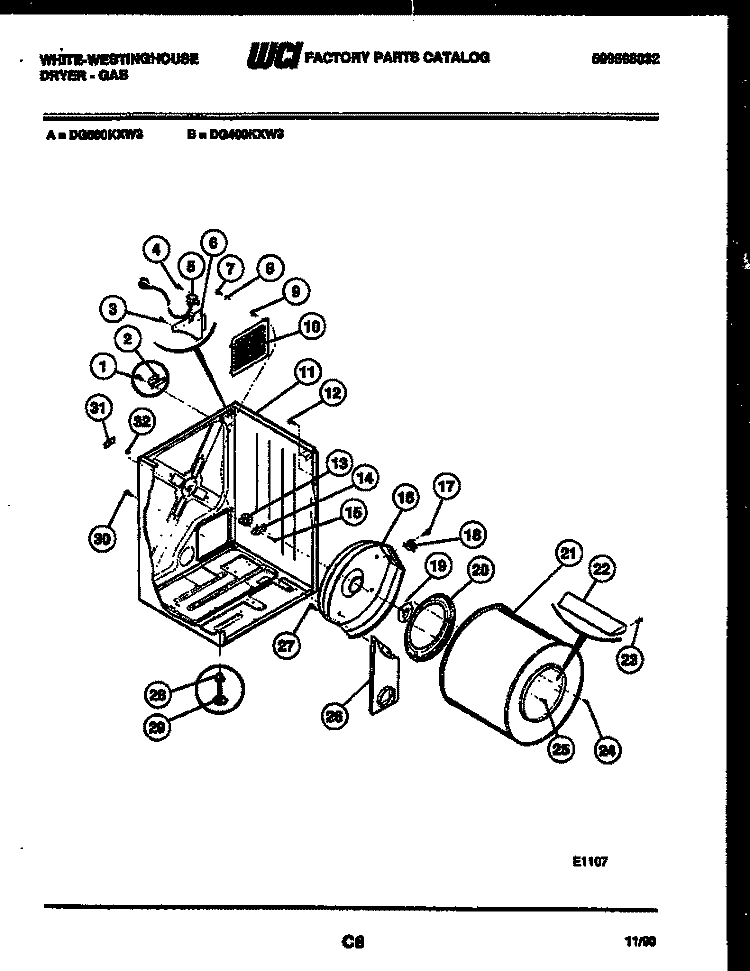 CABINET AND COMPONENT PARTS Diagram and Parts List for DG400KXW3  Frigidaire Dryer