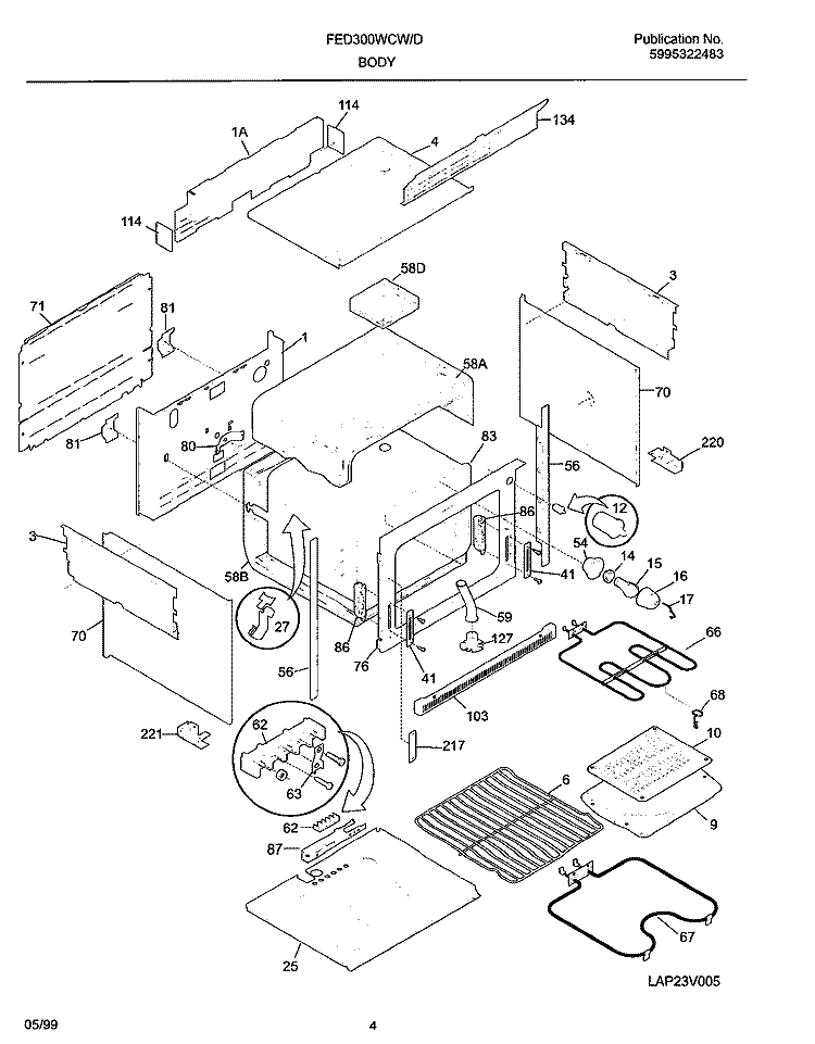 BODY Diagram and Parts List for FED300WCDF  Frigidaire Range