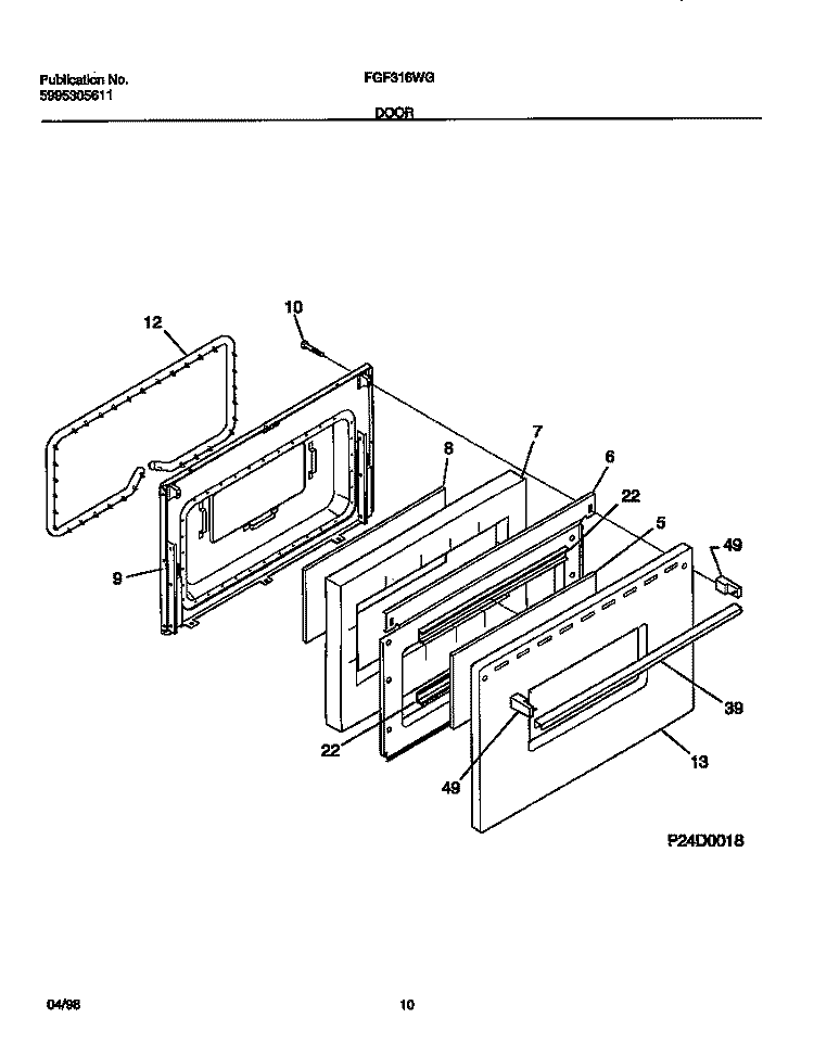 DOOR Diagram and Parts List for FGF316WGSA  Frigidaire Range