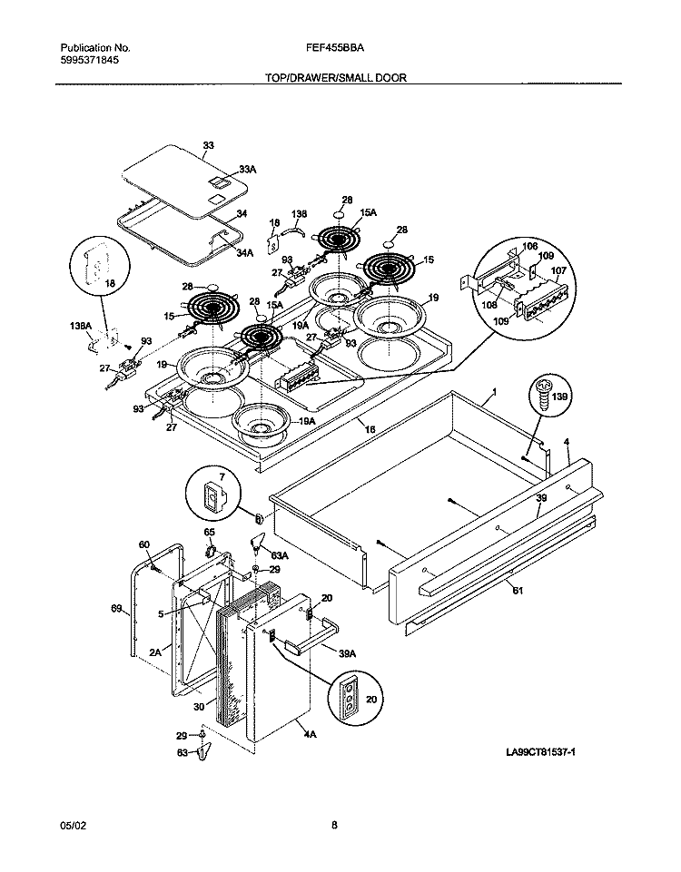 TOP / DRAWER / SMALL DOOR Diagram and Parts List for FEF455BBA  Frigidaire Range