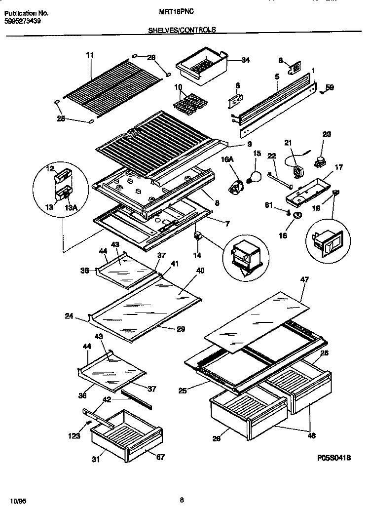 SHELVES / CONTROLS Diagram and Parts List for MRT18PNCW1  Frigidaire Refrigerator