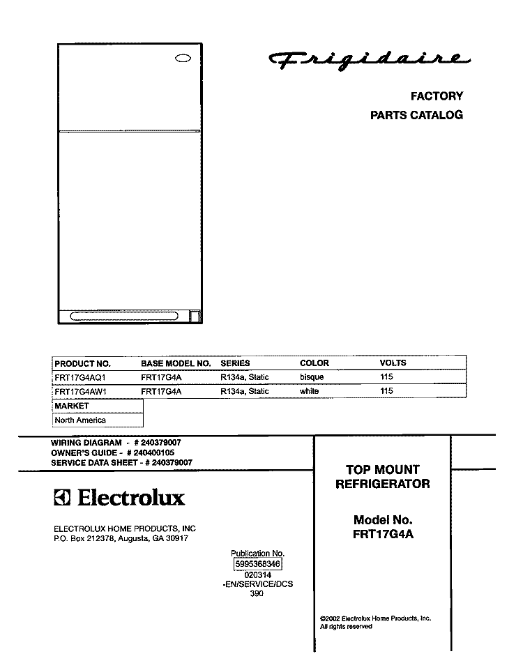 COVER Diagram and Parts List for FRT17G4AW1  Frigidaire Refrigerator