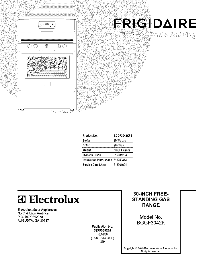 COVER Diagram and Parts List for BGGF3042KFE  Frigidaire Range