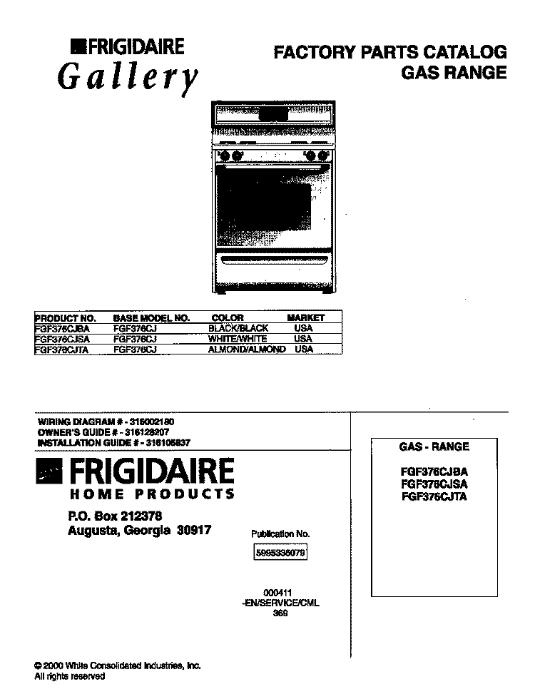 COVER Diagram and Parts List for FGF376CJBA  Frigidaire Range