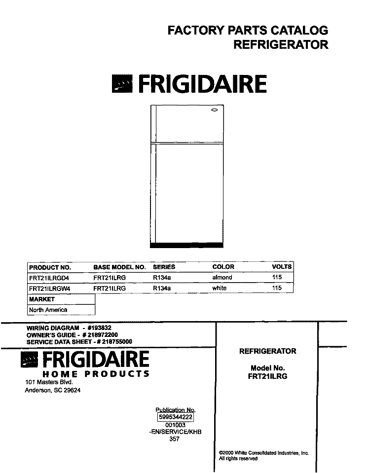 COVER Diagram and Parts List for FRT21ILRGW4  Frigidaire Refrigerator
