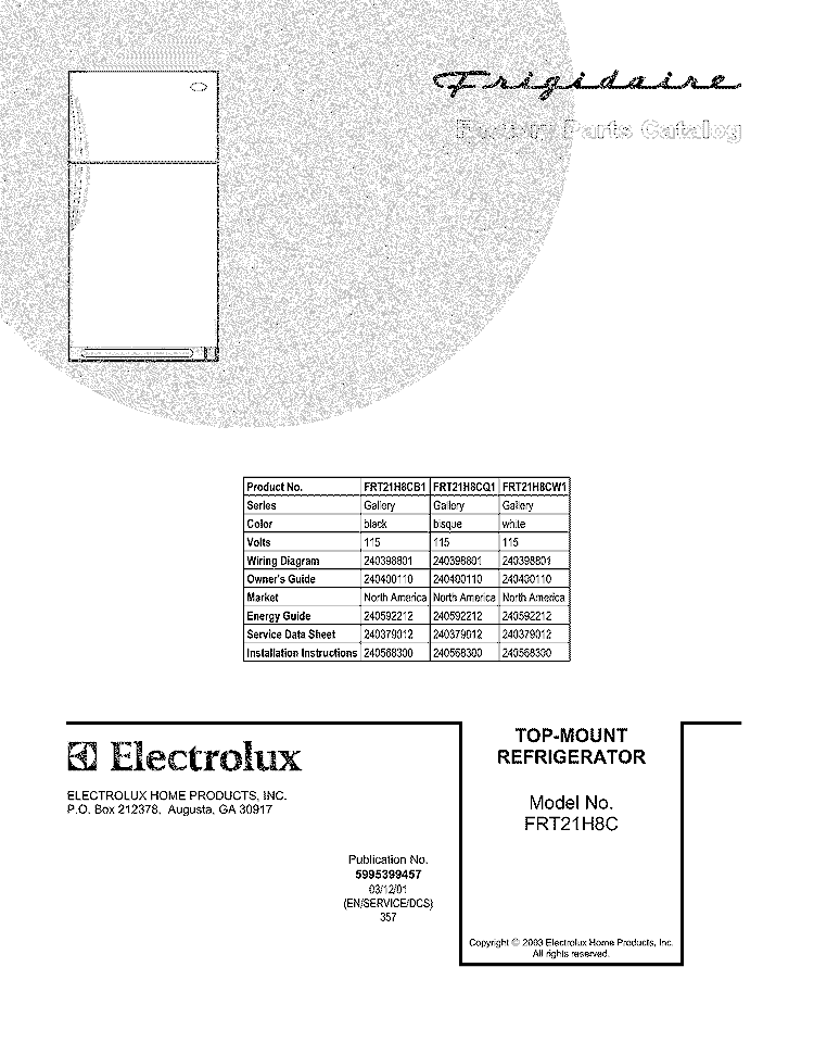 COVER Diagram and Parts List for FRT21H8CQ1  Frigidaire Refrigerator