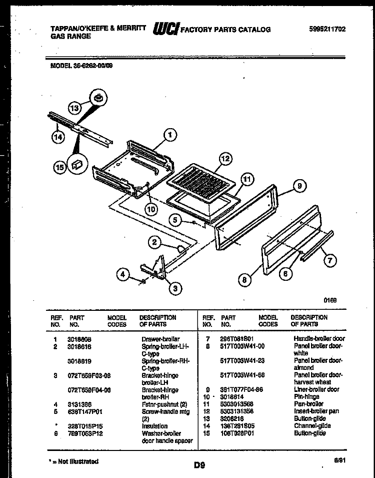 BROILER DRAWER PARTS Diagram and Parts List for 36-6262-00-09  Tappan Range