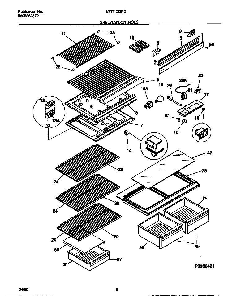 SHELVES / CONTROLS Diagram and Parts List for MRT15DRED0  Frigidaire Refrigerator