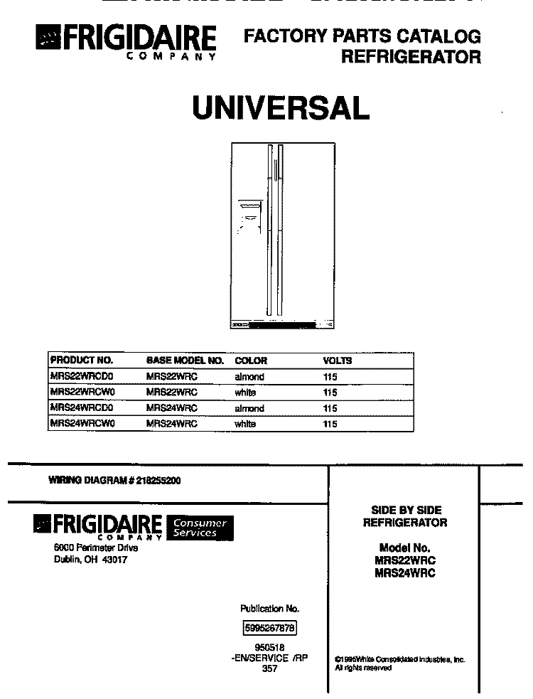 COVER Diagram and Parts List for MRS22WRCD0  Frigidaire Refrigerator