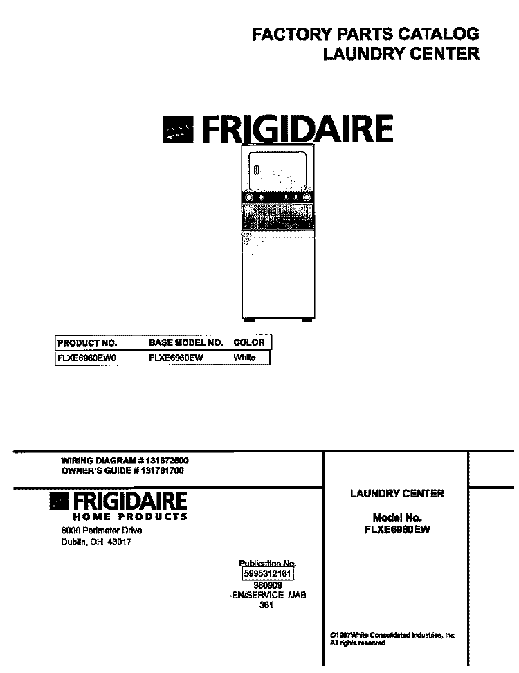 COVER Diagram and Parts List for FLXE6960EW0  Frigidaire Washer Dryer Combo