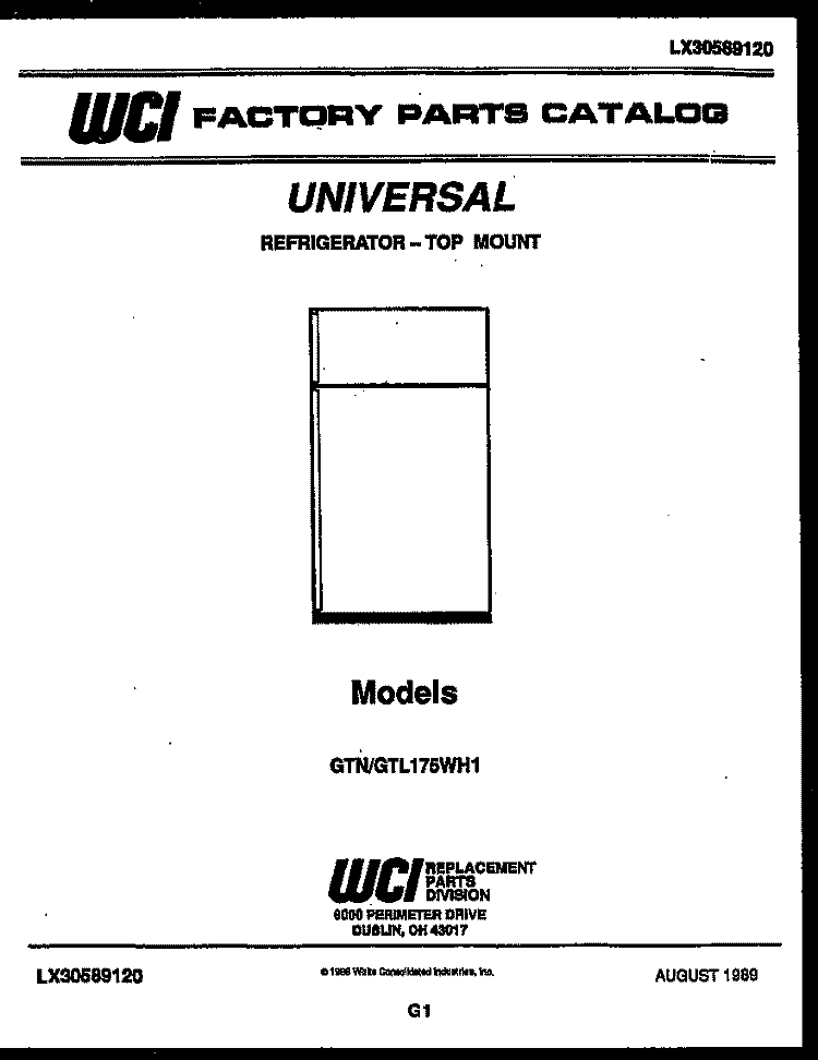 COVER Diagram and Parts List for GTL175BH1  Frigidaire Refrigerator