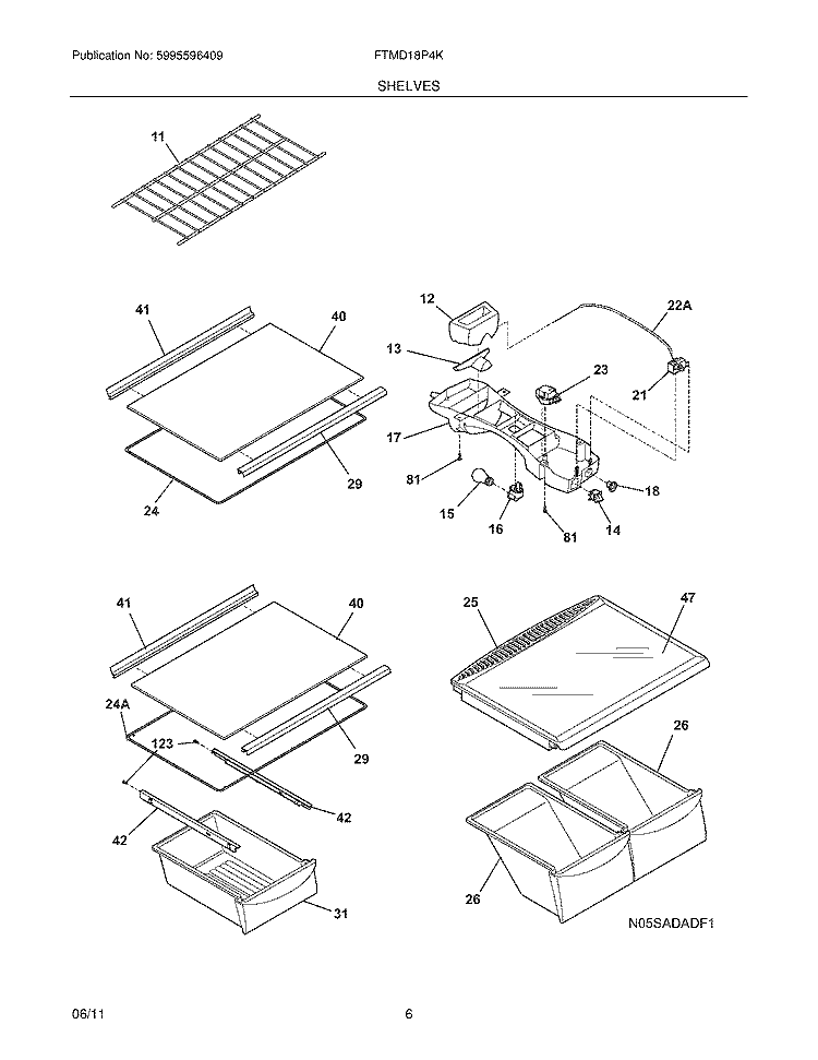 SHELVES Diagram and Parts List for FTMD18P4KW6  Frigidaire Refrigerator
