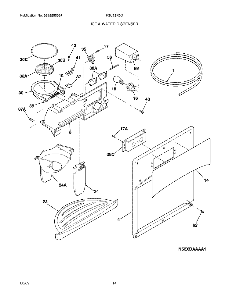 ICE & WATER DISPENSER Diagram and Parts List for FSC23R5DWM  Frigidaire Refrigerator