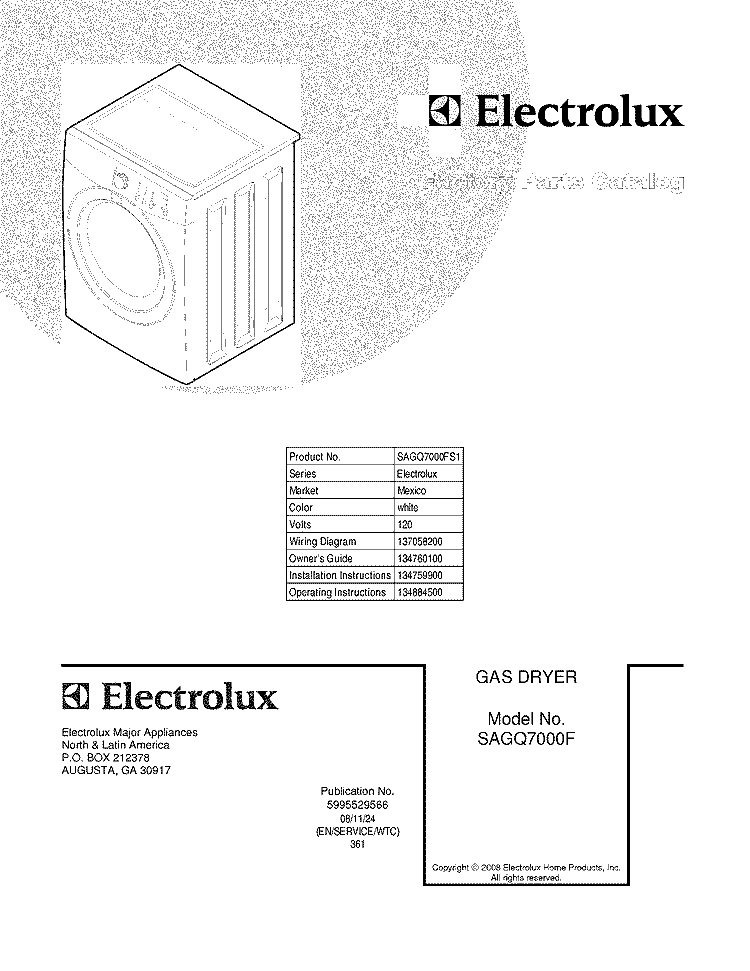 COVER Diagram and Parts List for SAGQ7000FS1  Electrolux Dryer