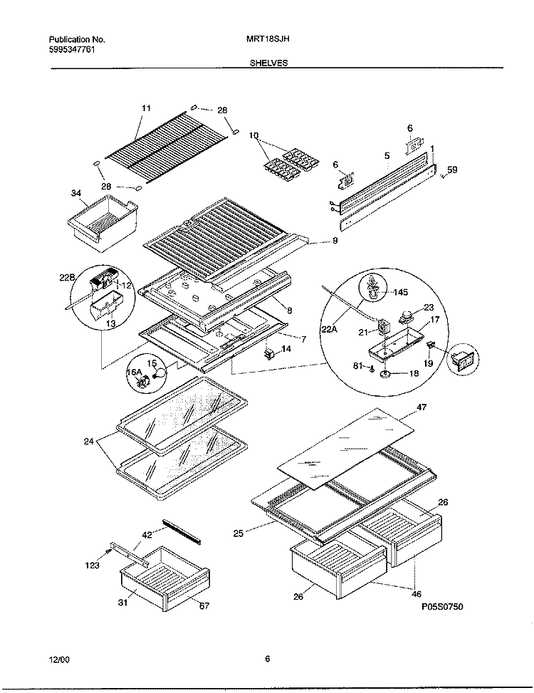 SHELVES Diagram and Parts List for MRT18SJHD1  Frigidaire Refrigerator