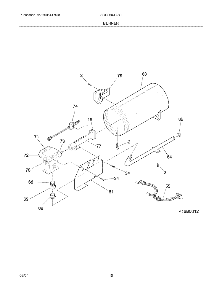 BURNER Diagram and Parts List for SGGR341AS0  Frigidaire Dryer