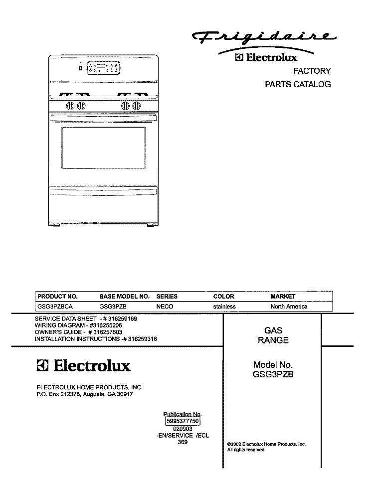 COVER Diagram and Parts List for GSG3PZBCA  Frigidaire Range