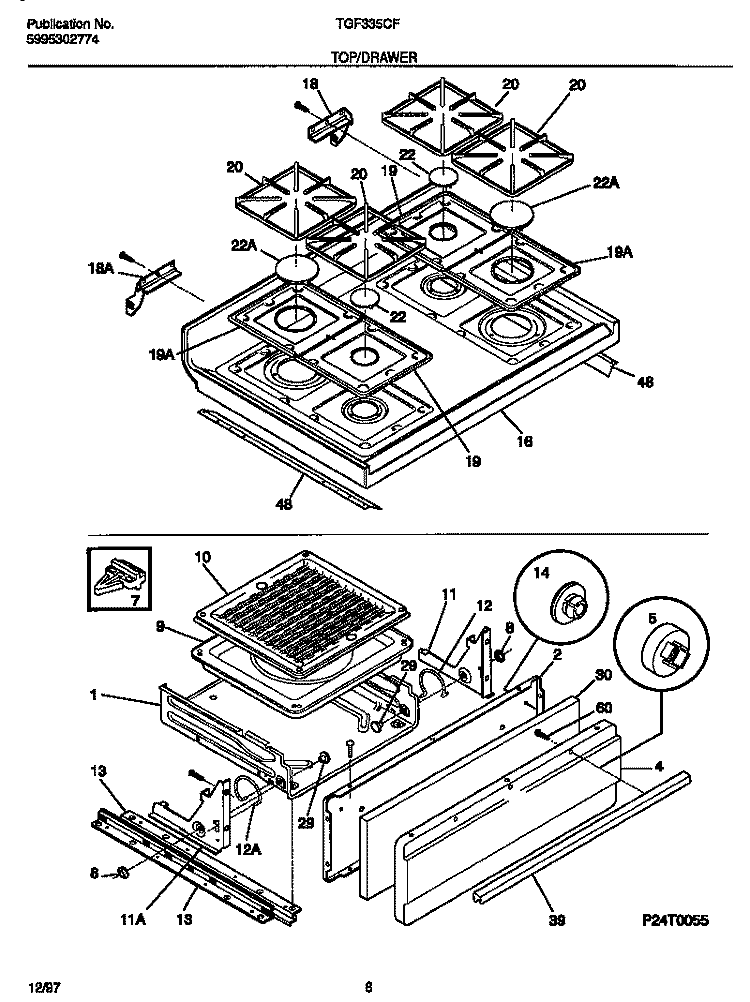 TOP / DRAWER Diagram and Parts List for TGF335CFTA  Tappan Range