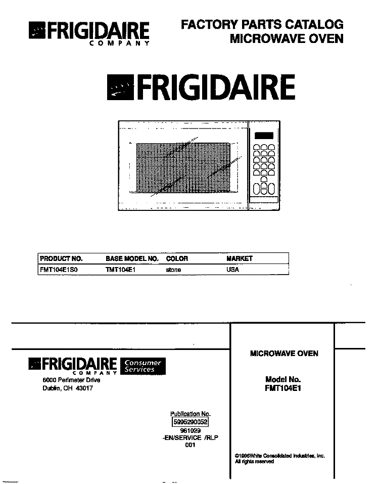 COVER Diagram and Parts List for FMT104E1S0  Frigidaire Microwave