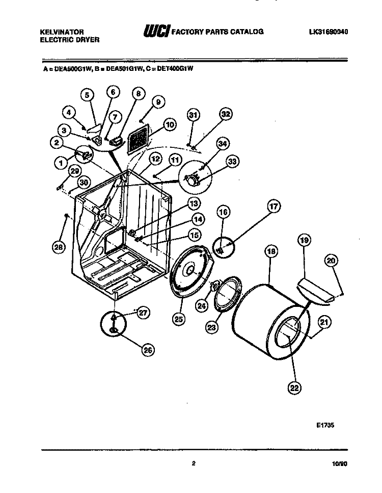 CABINET AND COMPONENT PARTS Diagram and Parts List for DEA501G1D  Kelvinator Dryer