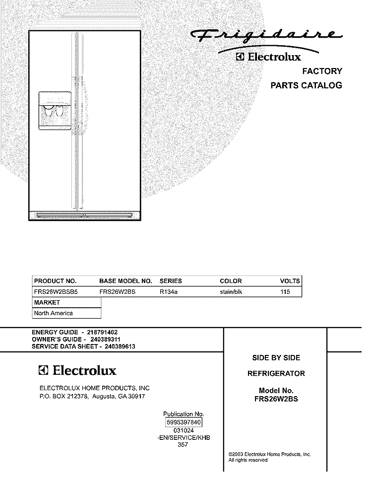 COVER Diagram and Parts List for FRS26W2BSB5  Frigidaire Refrigerator