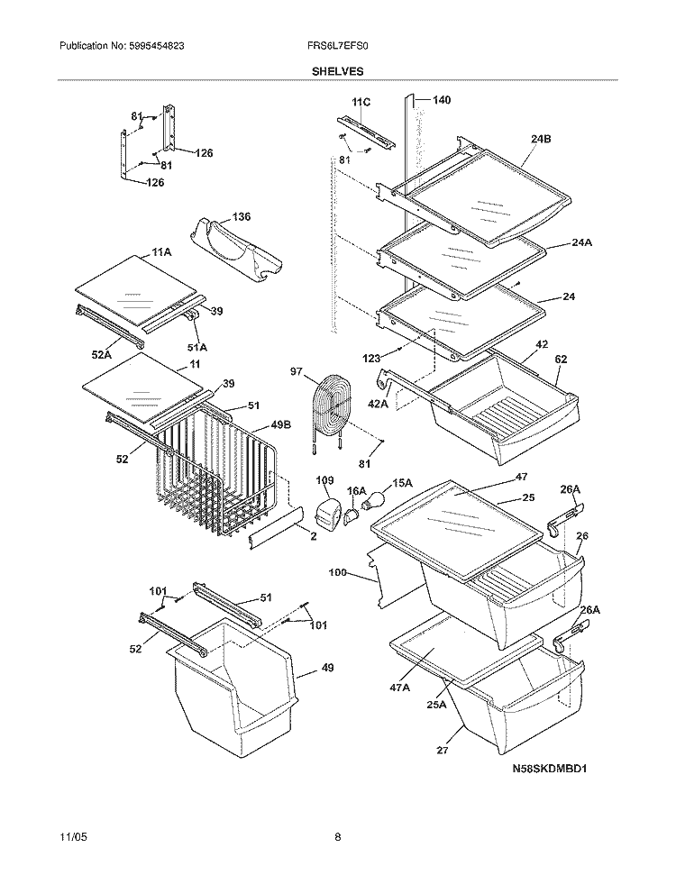 SHELVES Diagram and Parts List for FRS6L7EFS0  Frigidaire Refrigerator