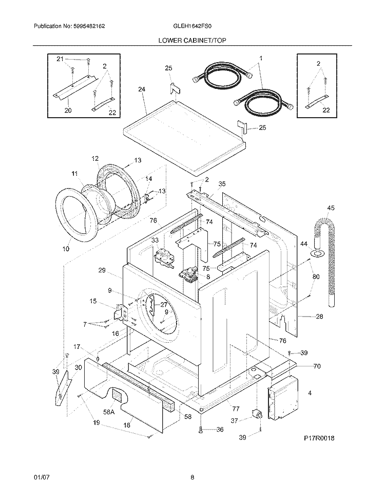 LOWER CABINET / TOP Diagram and Parts List for GLEH1642FS0  Frigidaire Washer Dryer Combo
