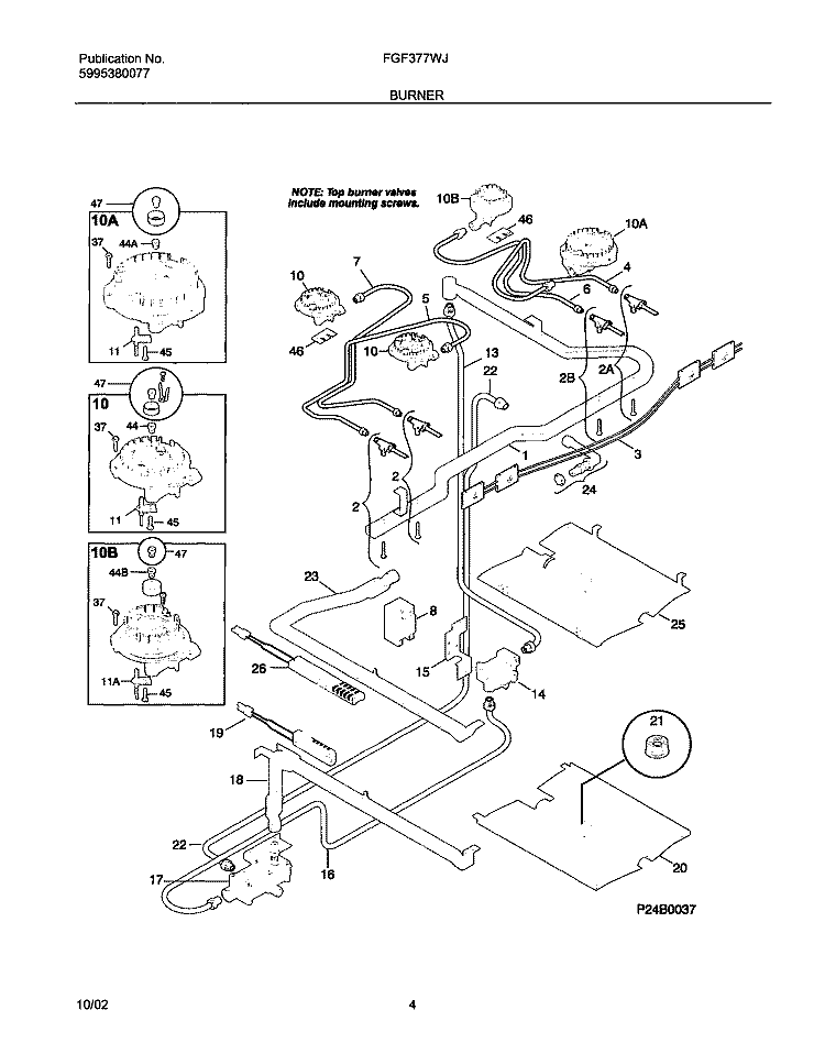 BURNER Diagram and Parts List for FGF377WJCB  Frigidaire Range