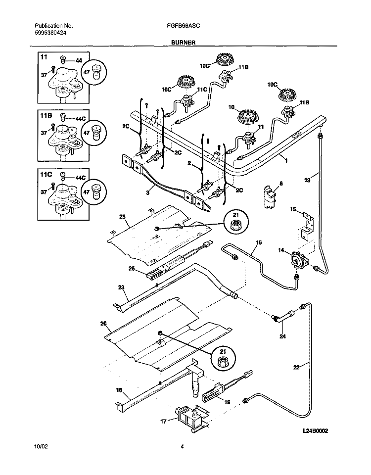 BURNER Diagram and Parts List for FGFB66ASC  Frigidaire Range
