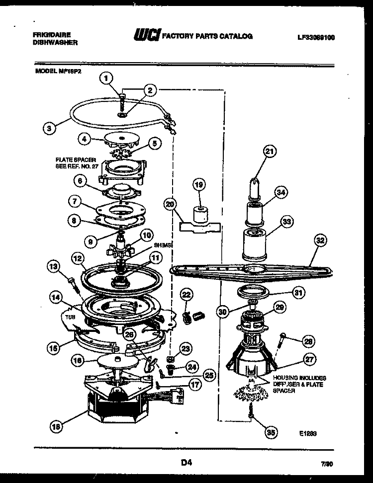 MOTOR PUMP PARTS Diagram and Parts List for MF18P2  Frigidaire Dishwasher