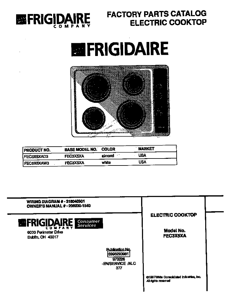 COVER Diagram and Parts List for FEC3X5XAW3  Frigidaire Cooktop
