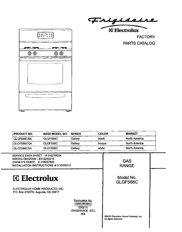 COVER Diagram and Parts List for GLGFS66CQA  Frigidaire Range