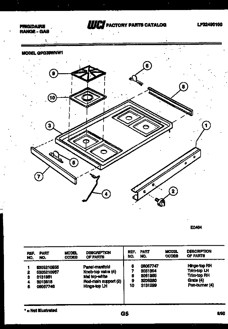 COOKTOP PARTS Diagram and Parts List for GPG39WNW1  Frigidaire Range