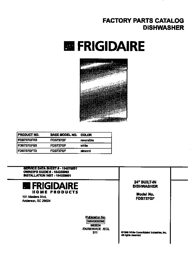 COVER Diagram and Parts List for FDB737GFT3  Frigidaire Dishwasher