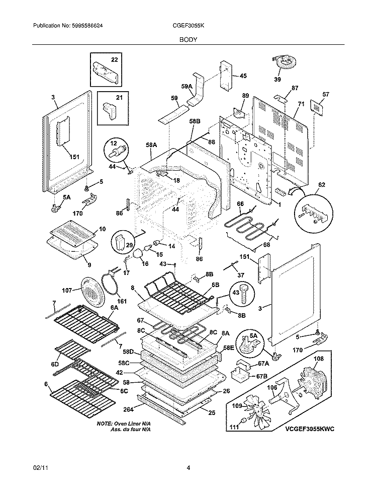 BODY Diagram and Parts List for CGEF3055KWC  Frigidaire Range
