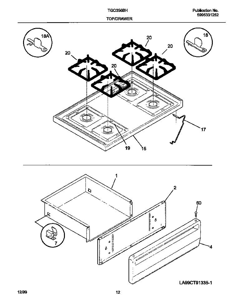 TOP / DRAWER Diagram and Parts List for TGO356BHD1  Frigidaire Range
