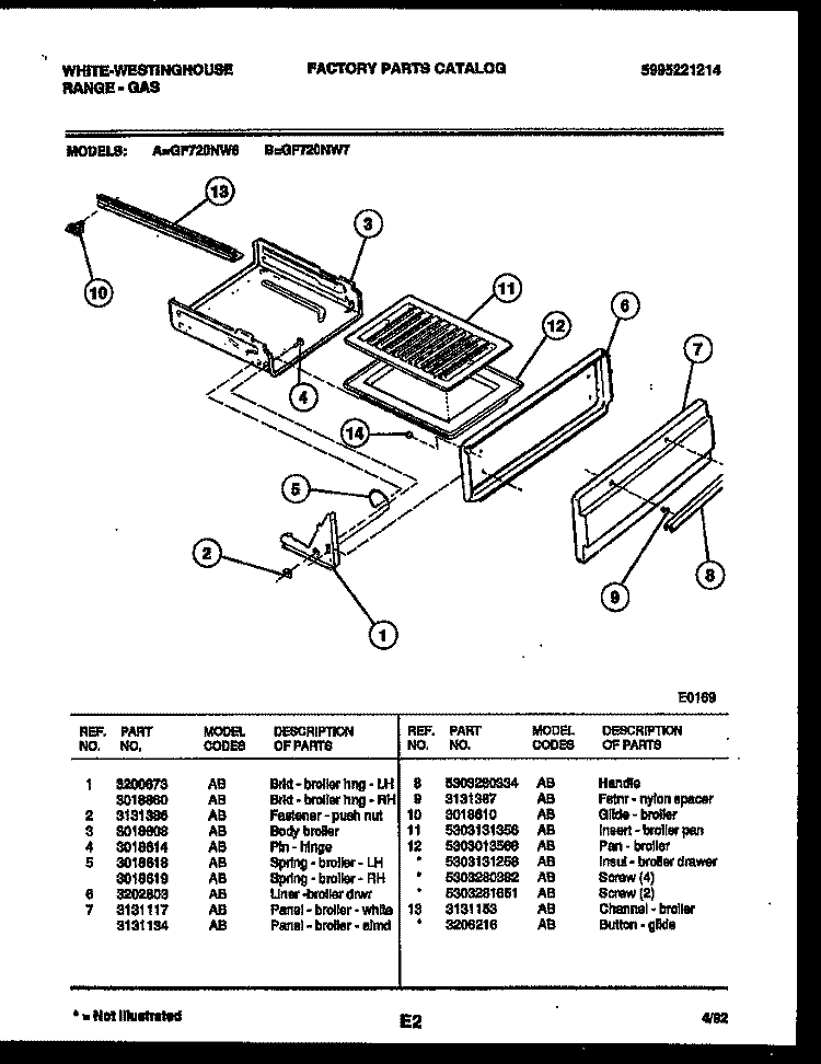 BROILER DRAWER PARTS Diagram and Parts List for GF720NW6  Frigidaire Range