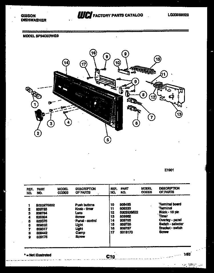 CONSOLE AND CONTROL PARTS Diagram and Parts List for SP24C6DWGB  Gibson Dishwasher