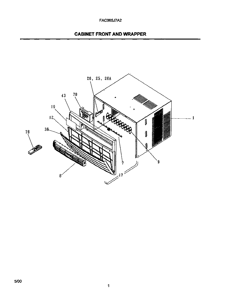 CABINET FRONT AND WRAPPER Diagram and Parts List for FAC065J7A2  Frigidaire Air Conditioner