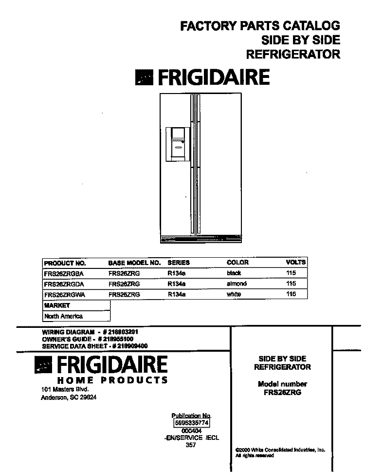 COVER Diagram and Parts List for FRS26ZRGBA  Frigidaire Refrigerator