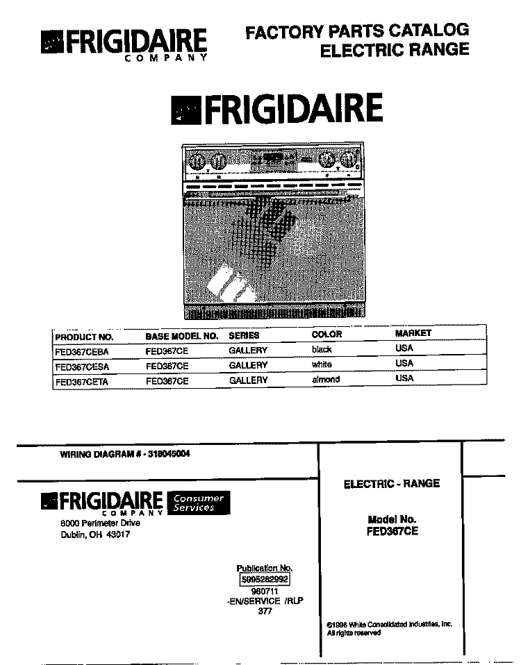 COVER Diagram and Parts List for FED367CETA  Frigidaire Range