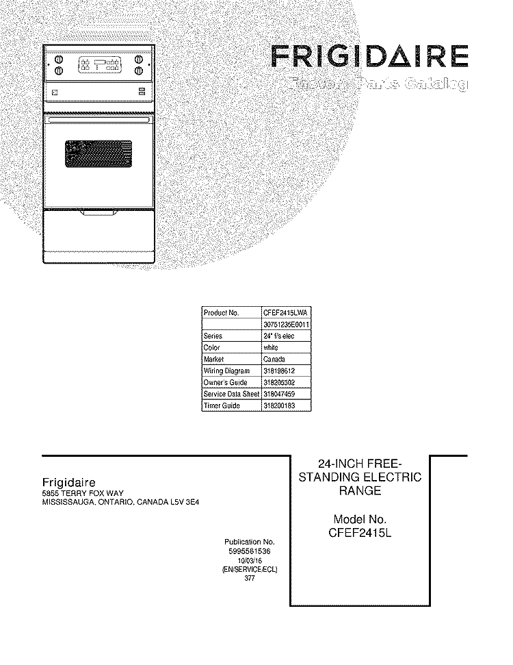 COVER Diagram and Parts List for CFEF2415LWA  Frigidaire Range