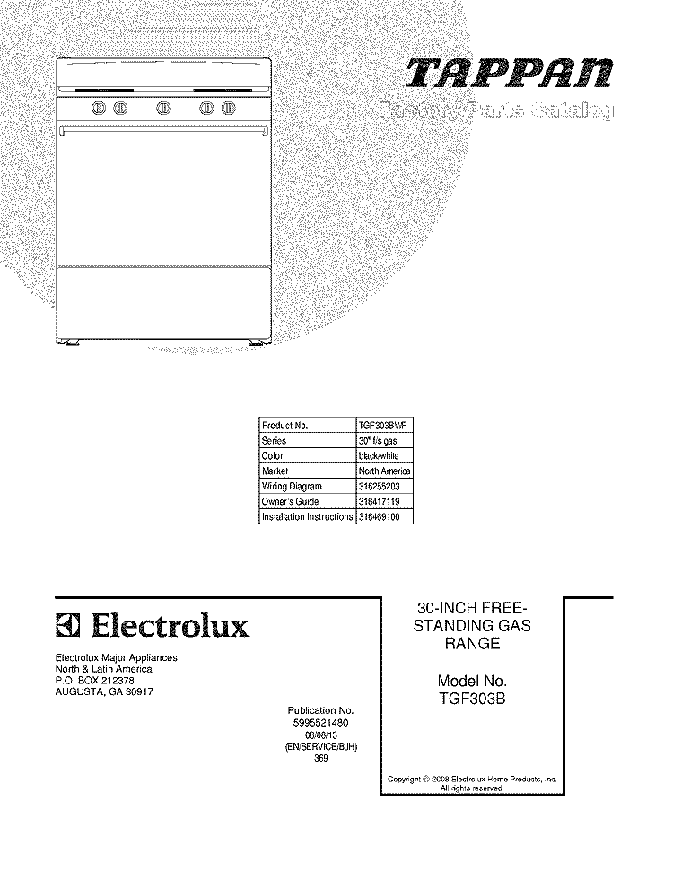 COVER Diagram and Parts List for TGF303BWF  Tappan Range