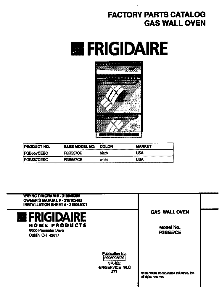 COVER Diagram and Parts List for FGB557CEBC  Frigidaire Wall Oven